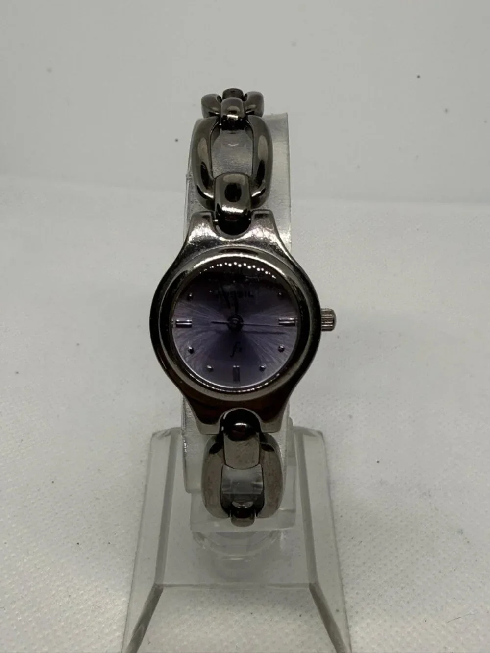 Fossil F2 Ladies Watch Gunmetal Gray Bracelet Lavender Purple Dial ES-9014